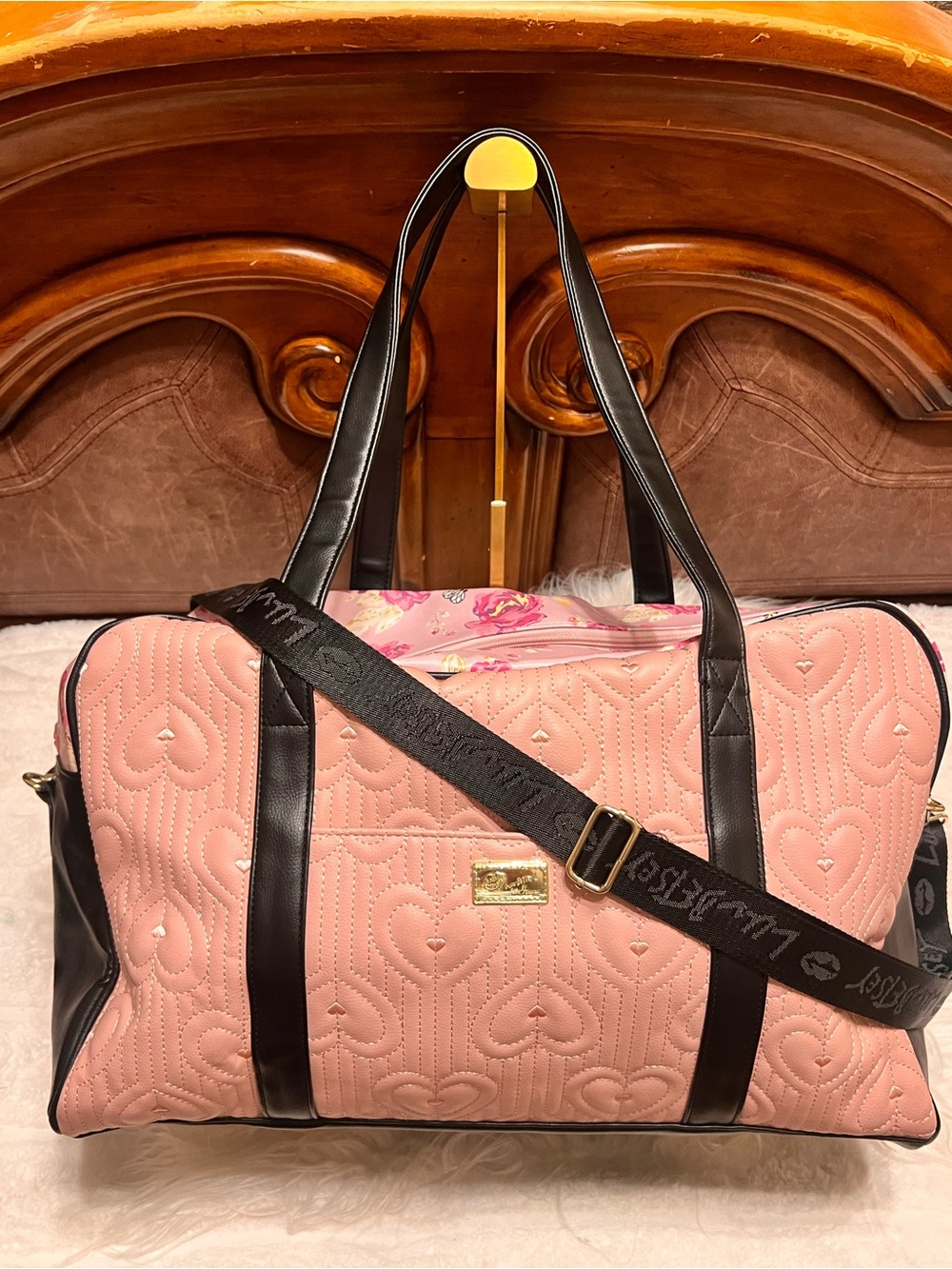 Betsey Johnson Pink Quilted Floral Travel with adjustable Black Straps 11X20